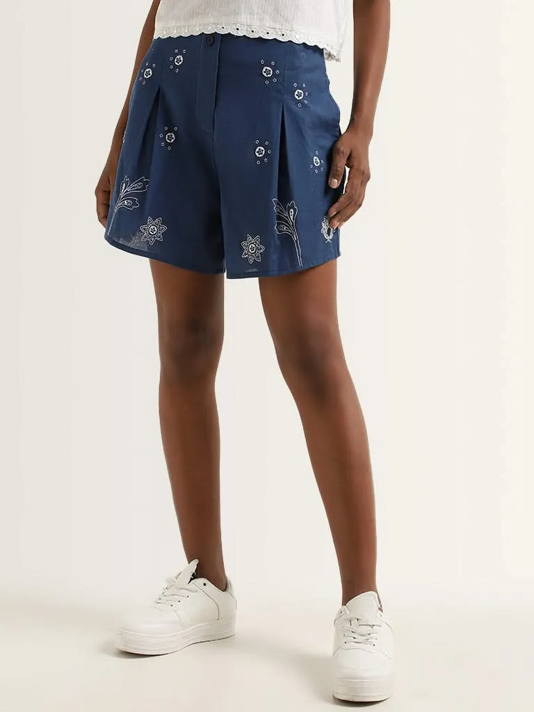 Bombay Paisley Blue Blended Linen High-Rise Shorts