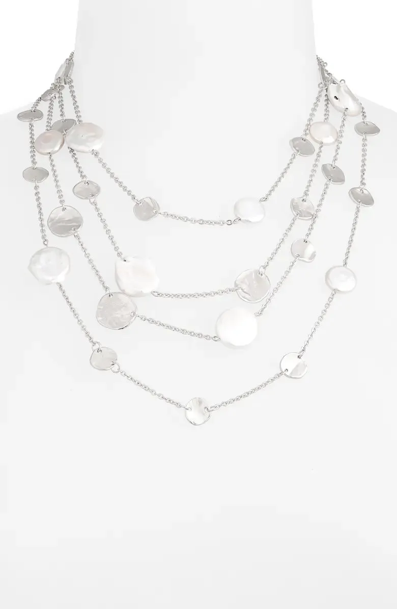 Coin and flat pearl multi strand necklace