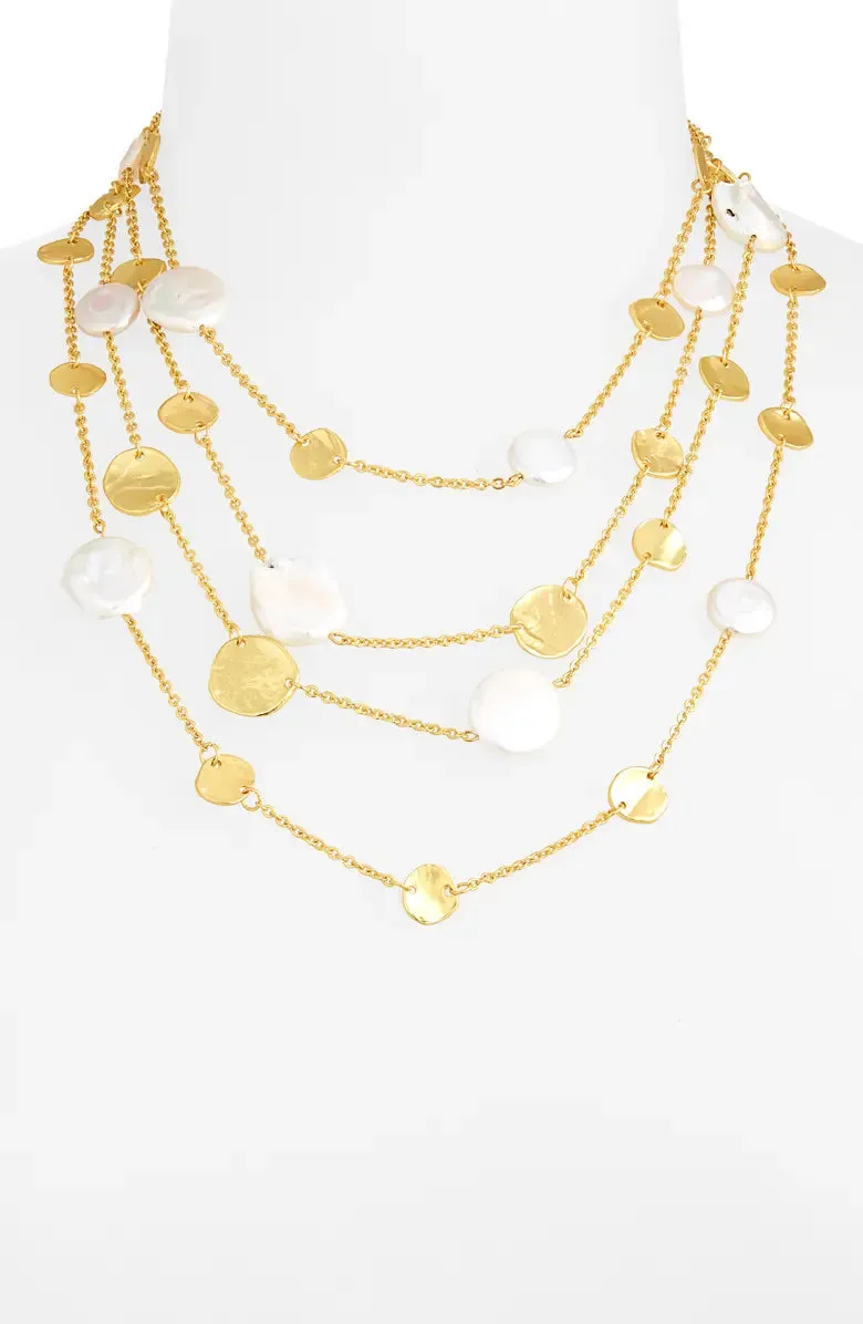 Coin and flat pearl multi strand necklace