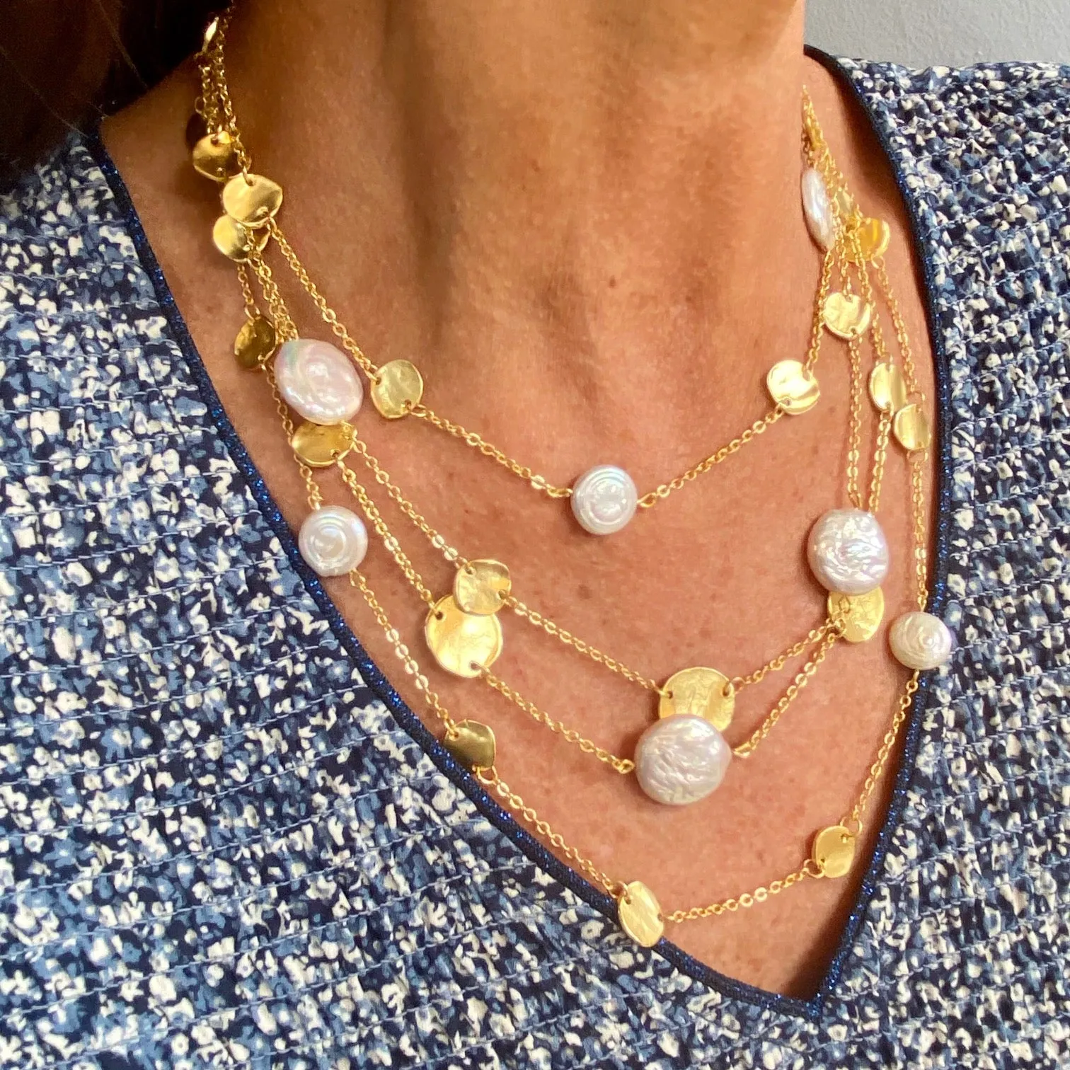 Coin and flat pearl multi strand necklace