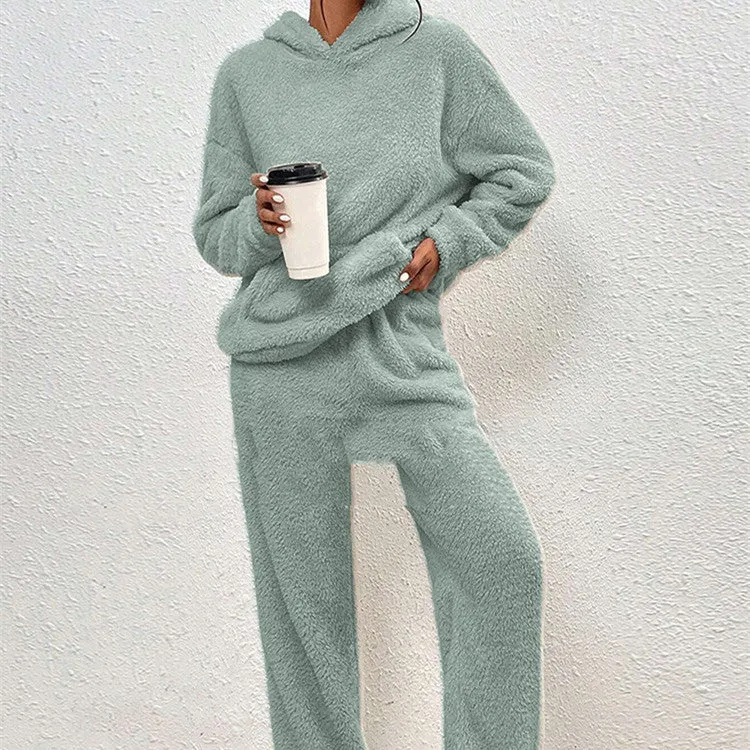 Fleece-lined Hooded Long Sleeve Dimensional Patch Pocket Casual Trousers Solid Color Suit