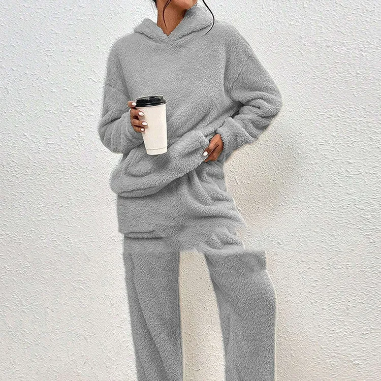 Fleece-lined Hooded Long Sleeve Dimensional Patch Pocket Casual Trousers Solid Color Suit