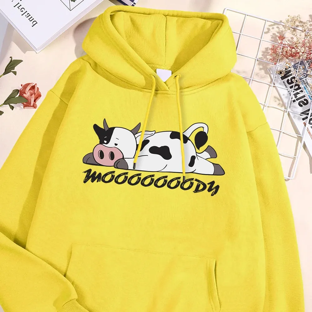 Kawaii Spotted Cow Printing Hoodie Women's Autumn Loose Hoody Casual Fleece Sweatshirt Crewneck Pullover Clothing