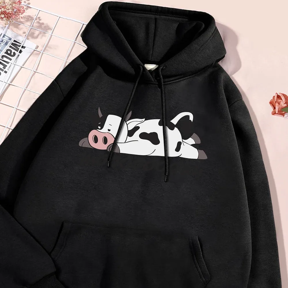 Kawaii Spotted Cow Printing Hoodie Women's Autumn Loose Hoody Casual Fleece Sweatshirt Crewneck Pullover Clothing