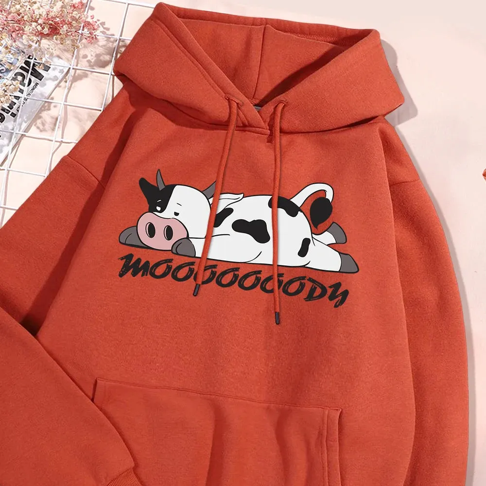 Kawaii Spotted Cow Printing Hoodie Women's Autumn Loose Hoody Casual Fleece Sweatshirt Crewneck Pullover Clothing