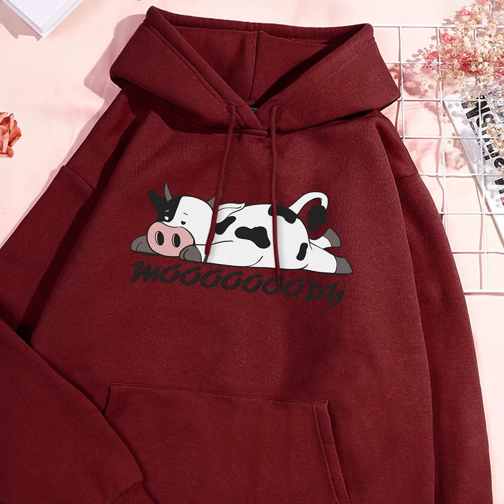 Kawaii Spotted Cow Printing Hoodie Women's Autumn Loose Hoody Casual Fleece Sweatshirt Crewneck Pullover Clothing