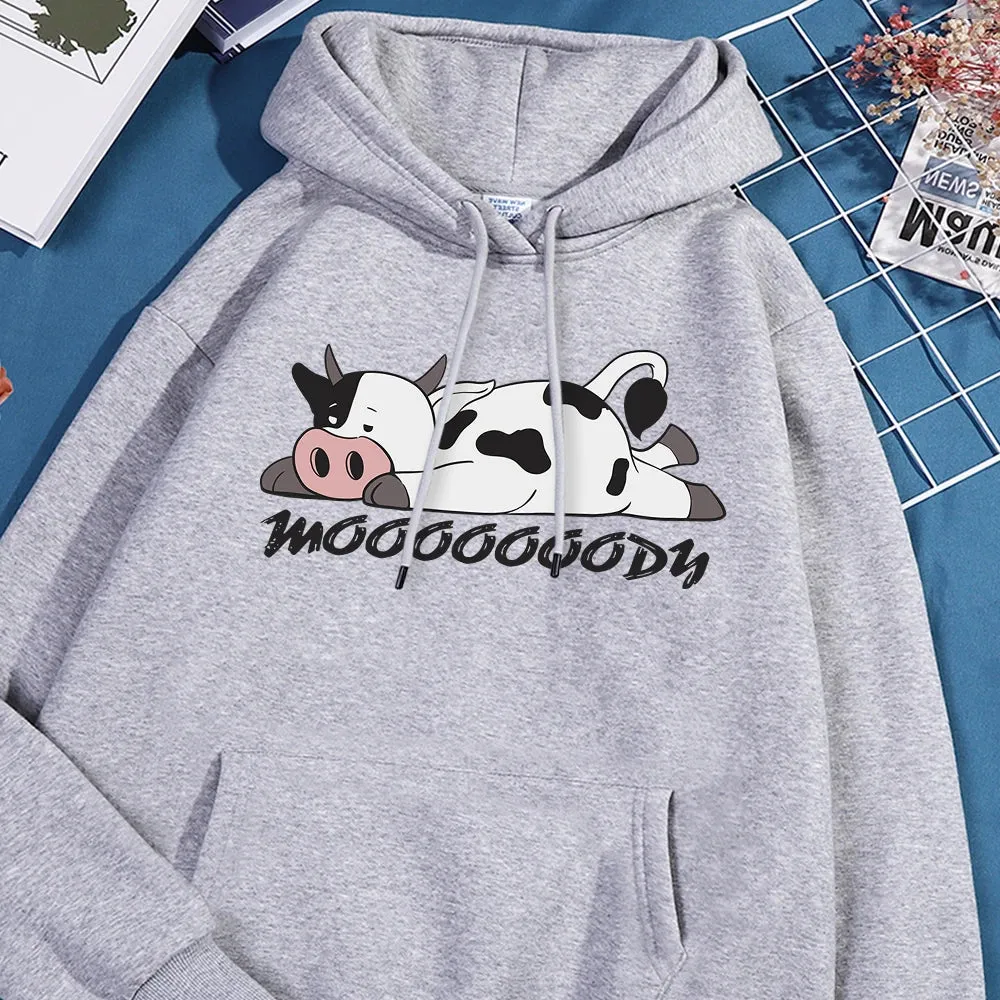 Kawaii Spotted Cow Printing Hoodie Women's Autumn Loose Hoody Casual Fleece Sweatshirt Crewneck Pullover Clothing