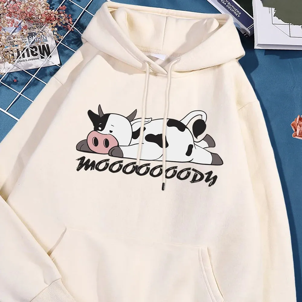 Kawaii Spotted Cow Printing Hoodie Women's Autumn Loose Hoody Casual Fleece Sweatshirt Crewneck Pullover Clothing