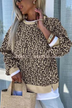 Leopard Print Crew Neck Patchwork Long sleeve Casual Loose Sweatshirt