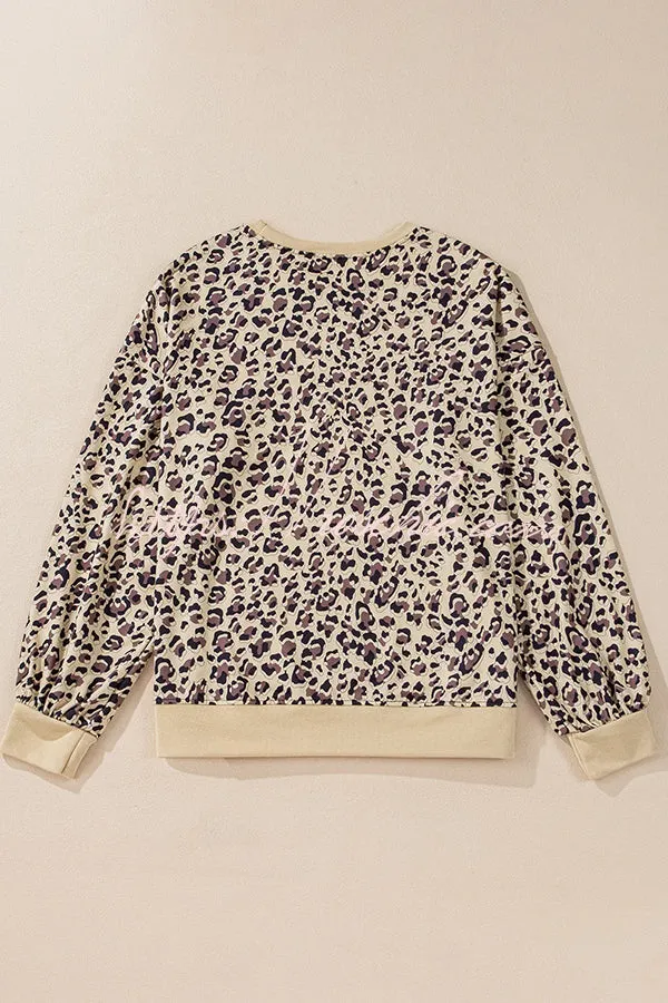 Leopard Print Crew Neck Patchwork Long sleeve Casual Loose Sweatshirt