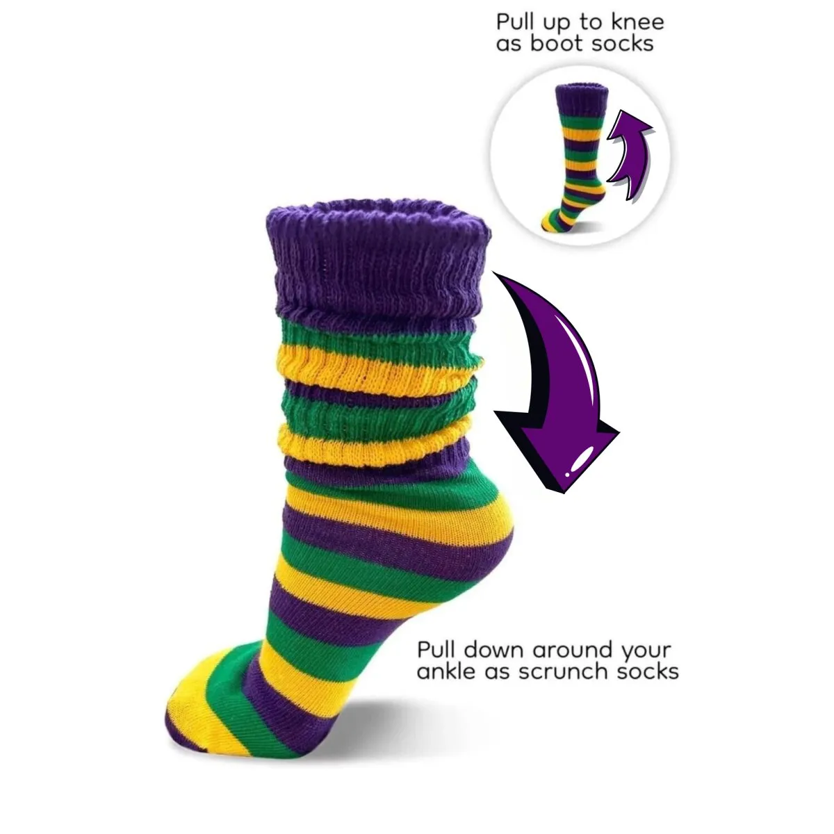 Mardi Gras Purple Gold and Green Striped Slouchy Socks