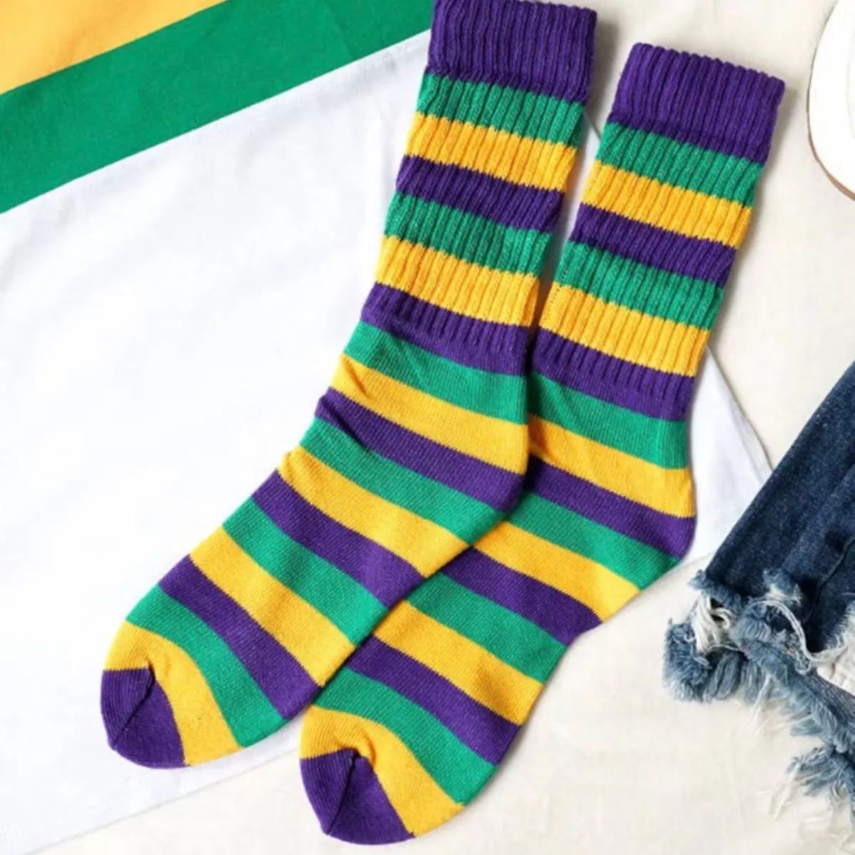 Mardi Gras Purple Gold and Green Striped Slouchy Socks