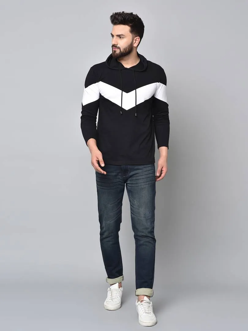 Men's Black Colourblocked Cotton Hooded Tees