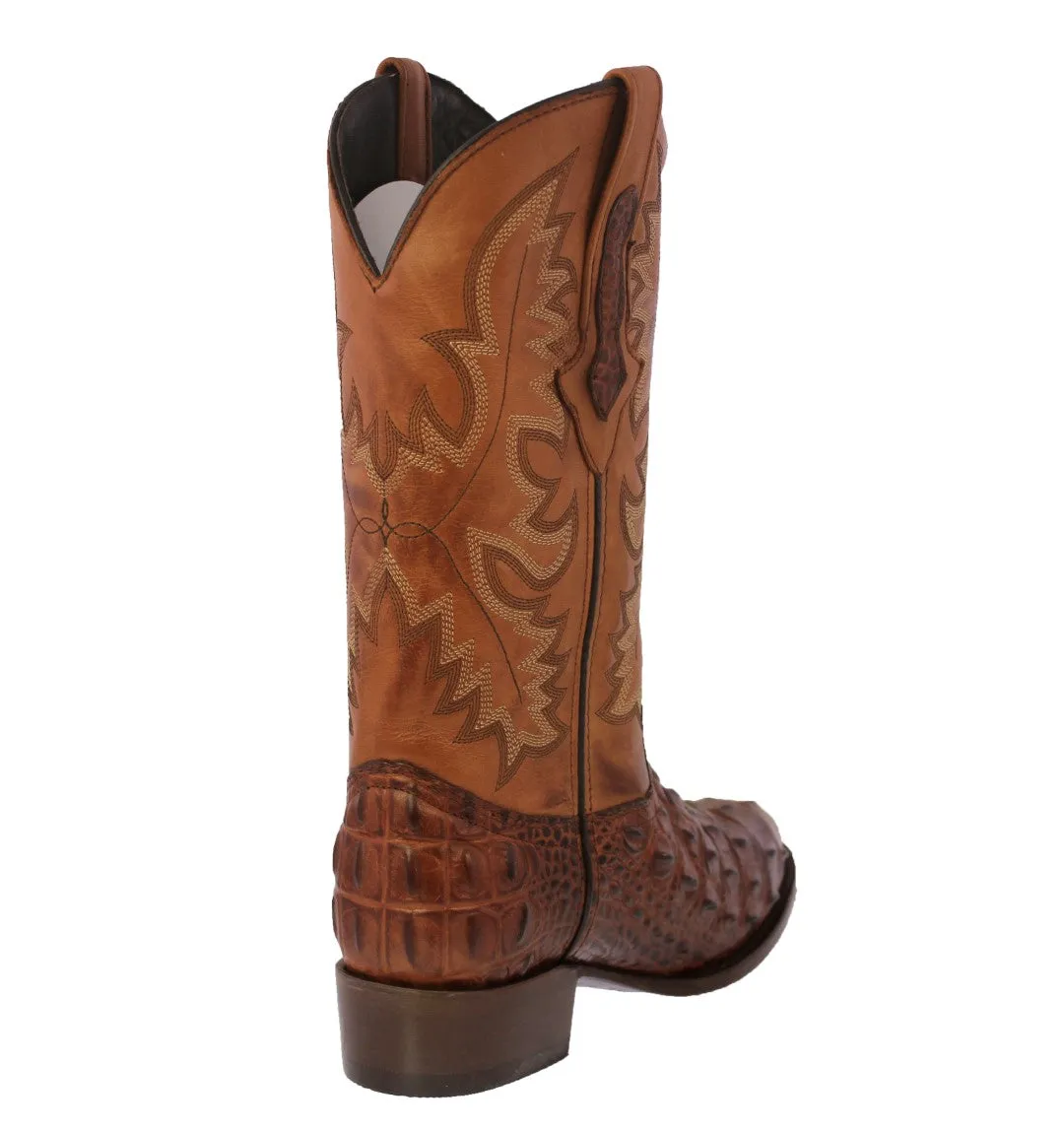 Mens Cognac Leather Cowboy Boots Alligator Back Print - Round Toe