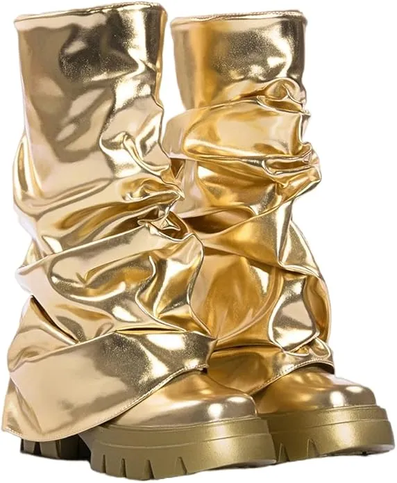 Metallic Gold Lug Style Foldover Chunky Slouchy Boots