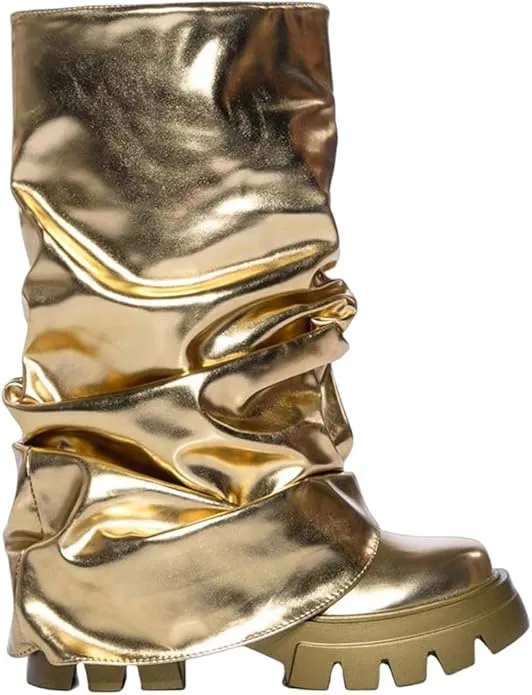 Metallic Gold Lug Style Foldover Chunky Slouchy Boots