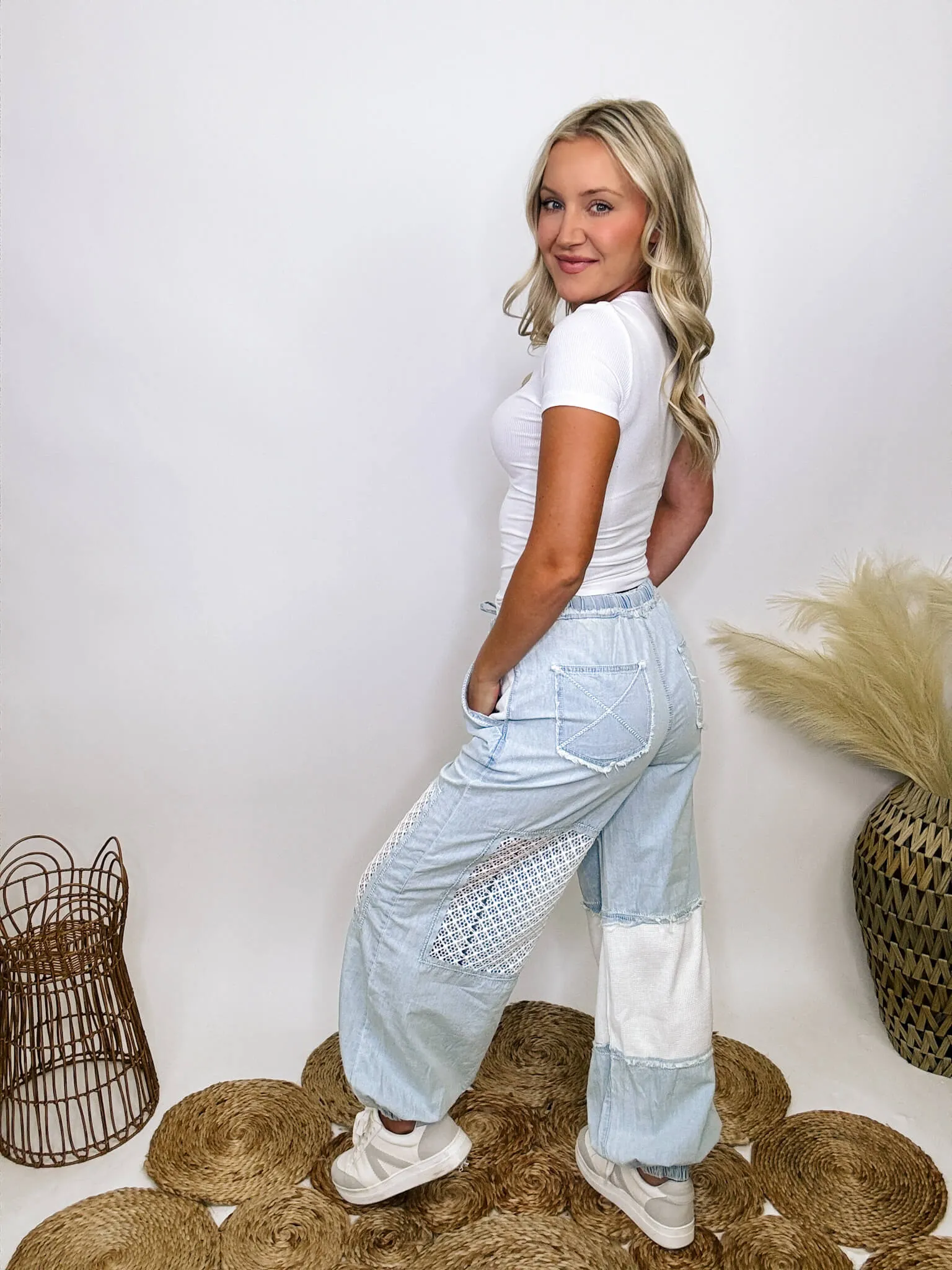 POL Denim Chambray Crochet Lace Jogger Pants