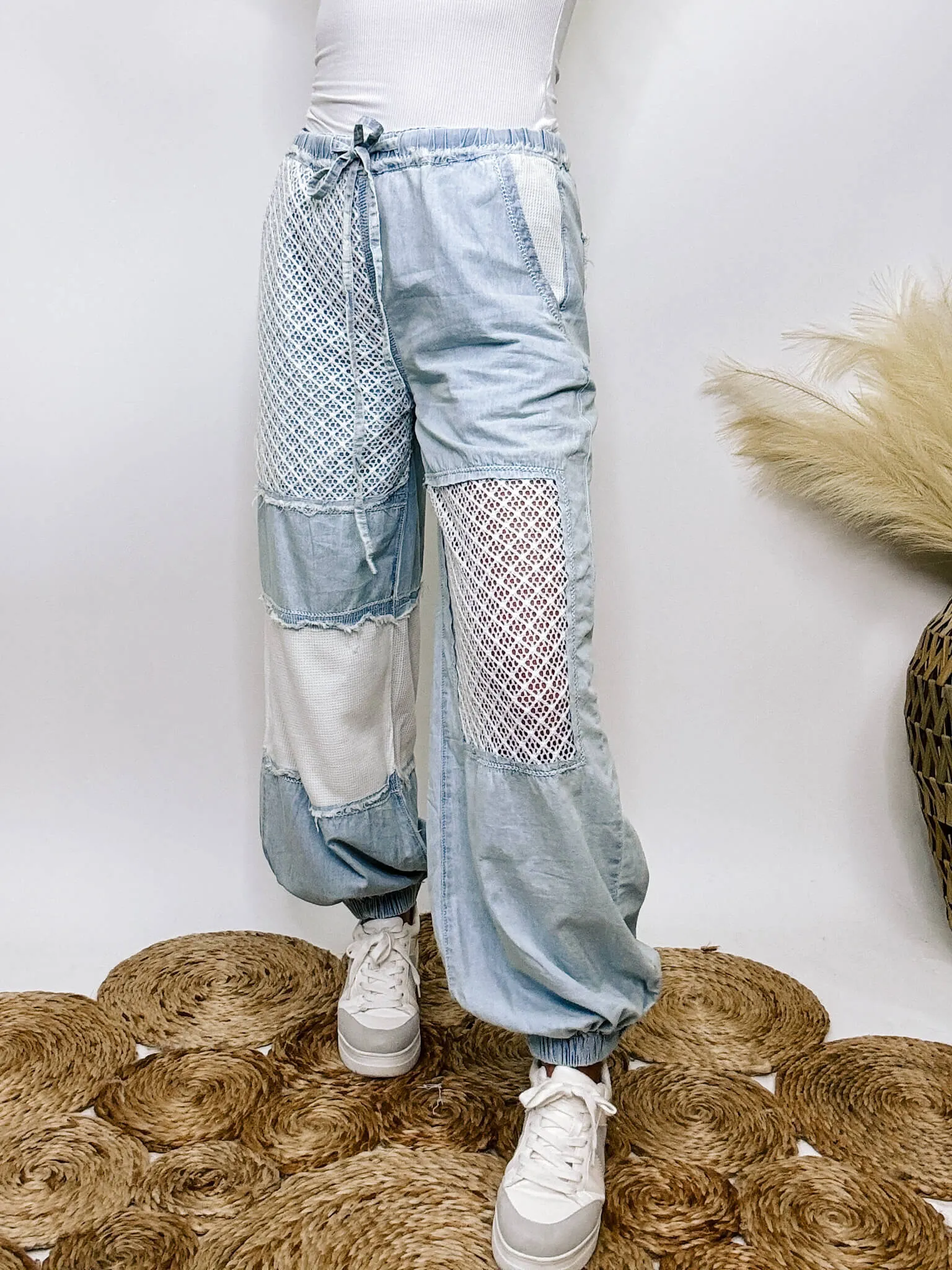 POL Denim Chambray Crochet Lace Jogger Pants