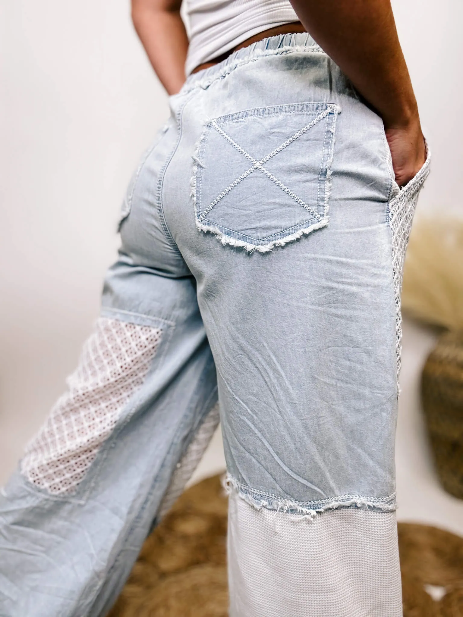 POL Denim Chambray Crochet Lace Jogger Pants