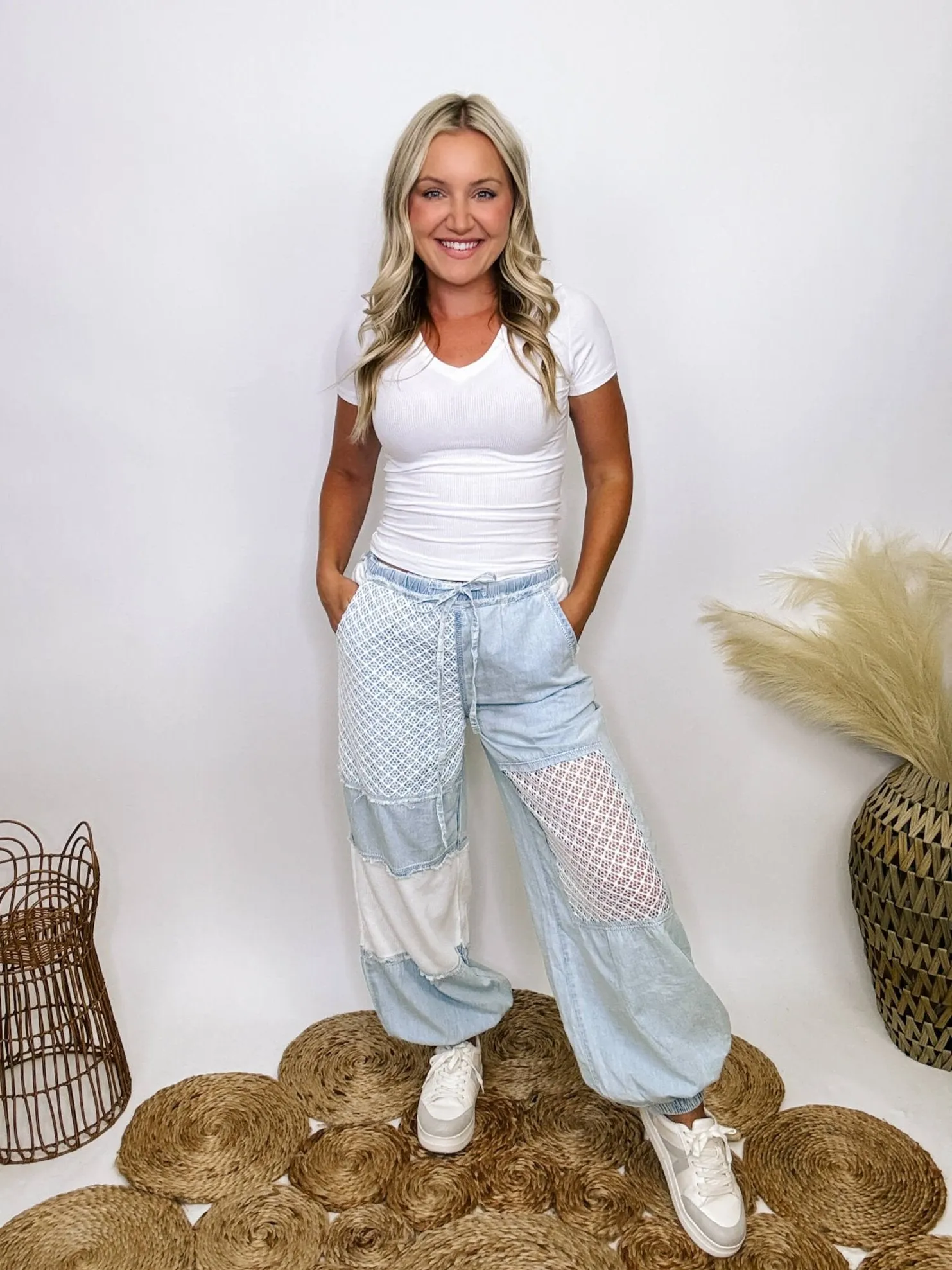 POL Denim Chambray Crochet Lace Jogger Pants