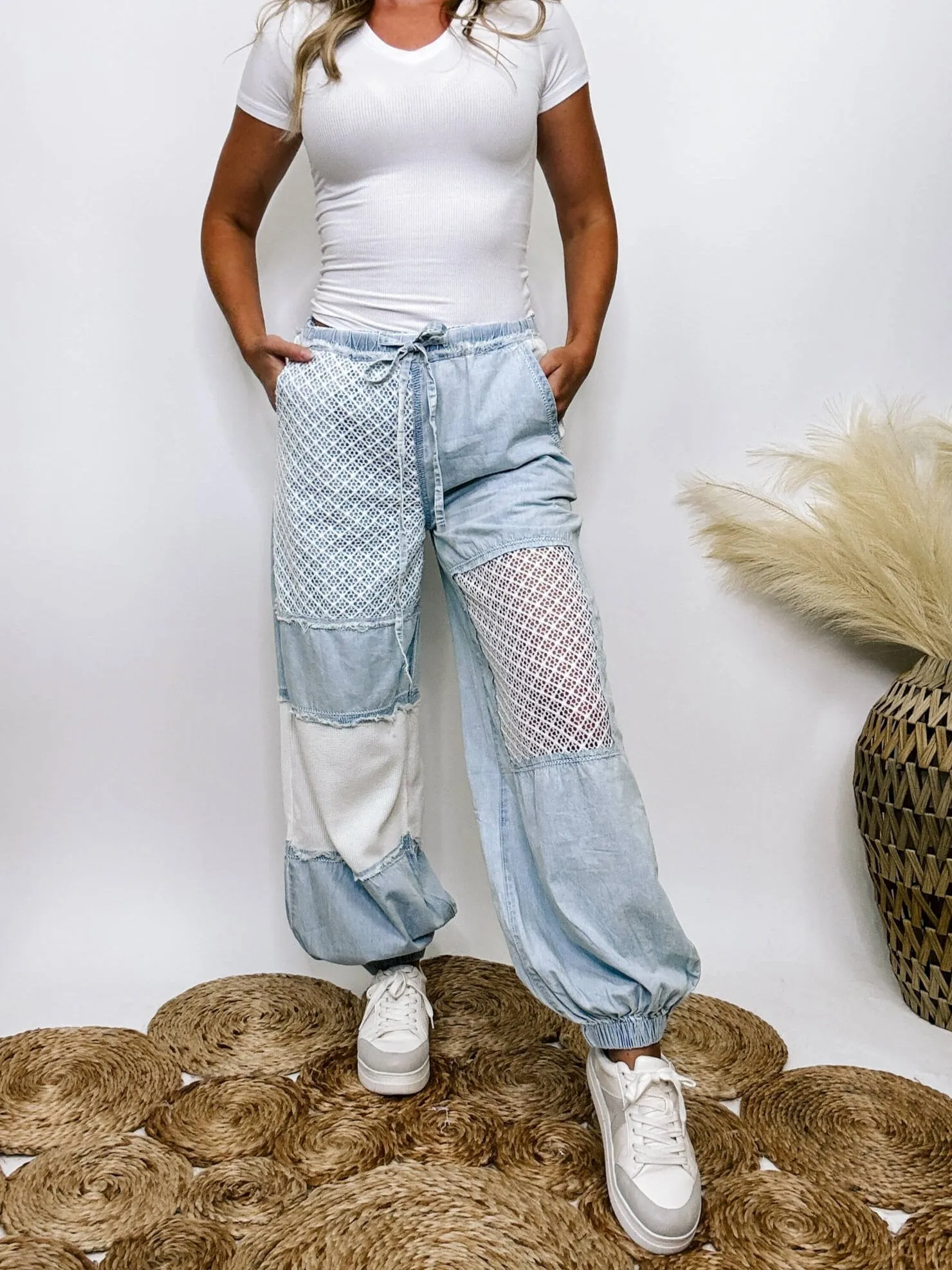 POL Denim Chambray Crochet Lace Jogger Pants