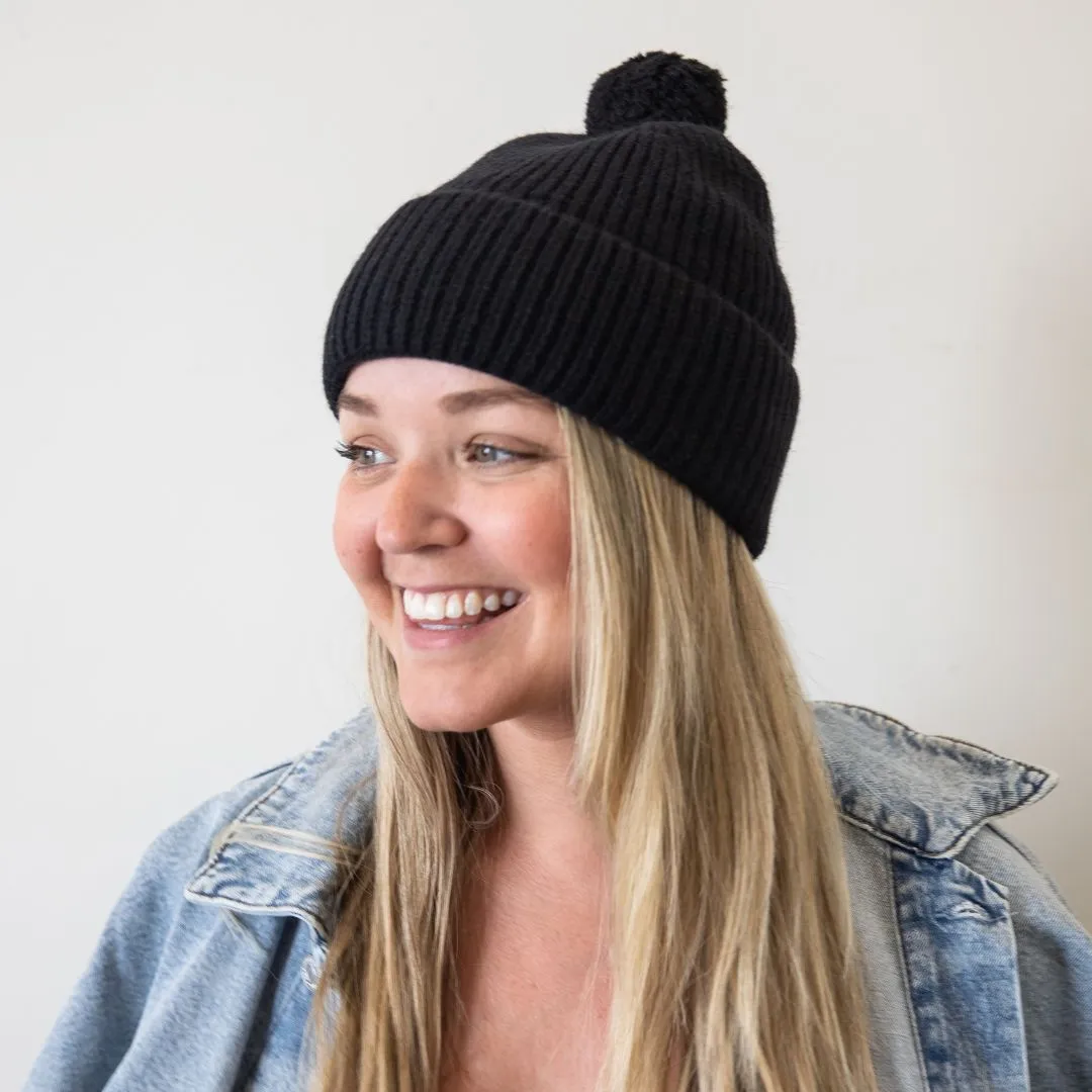 Removable Pom Pom Beanie - Black