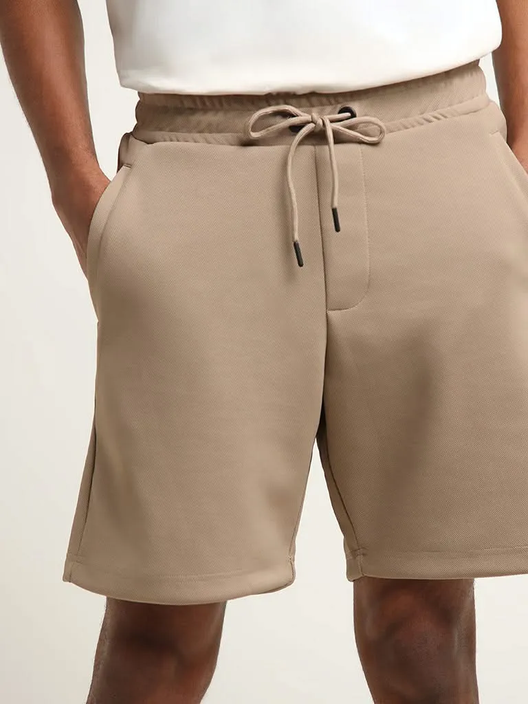 Studiofit Beige Solid Mid Rise Cotton Relaxed Fit Shorts