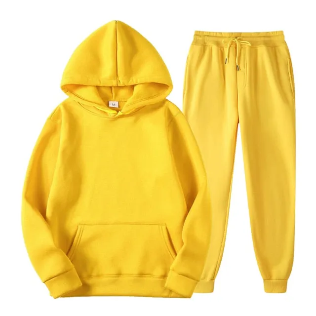 Tracksuit Men Fashion Hoodies Men Suits Solid Sets Men Sweatshirts Sweatpants Spring Autumn Fleece Hooded Pullover 2 Pieces Set