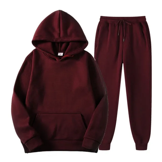 Tracksuit Men Fashion Hoodies Men Suits Solid Sets Men Sweatshirts Sweatpants Spring Autumn Fleece Hooded Pullover 2 Pieces Set