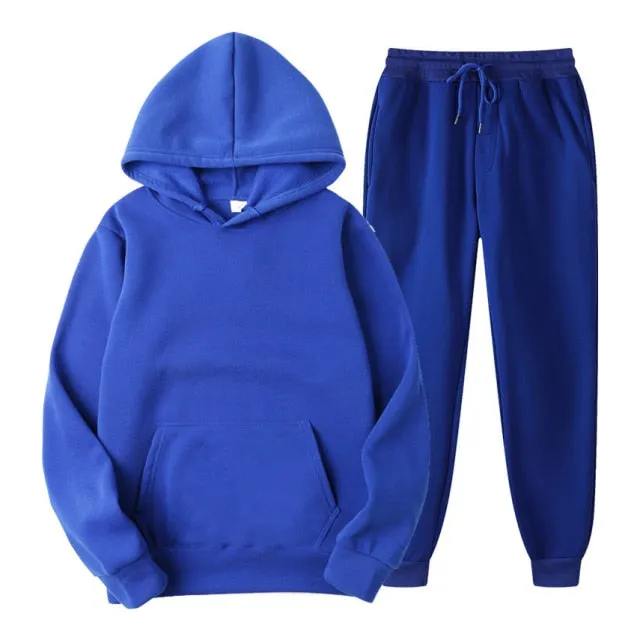 Tracksuit Men Fashion Hoodies Men Suits Solid Sets Men Sweatshirts Sweatpants Spring Autumn Fleece Hooded Pullover 2 Pieces Set