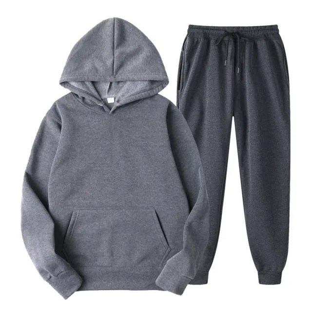 Tracksuit Men Fashion Hoodies Men Suits Solid Sets Men Sweatshirts Sweatpants Spring Autumn Fleece Hooded Pullover 2 Pieces Set