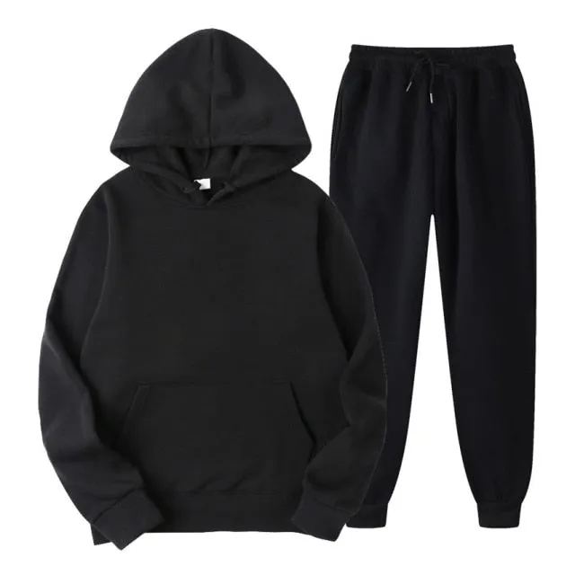 Tracksuit Men Fashion Hoodies Men Suits Solid Sets Men Sweatshirts Sweatpants Spring Autumn Fleece Hooded Pullover 2 Pieces Set