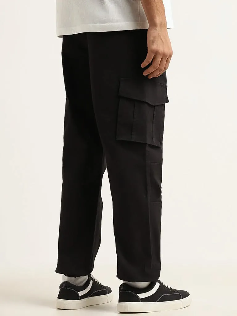 WES Casuals Black Cargo Cotton Blend Relaxed-Fit Joggers