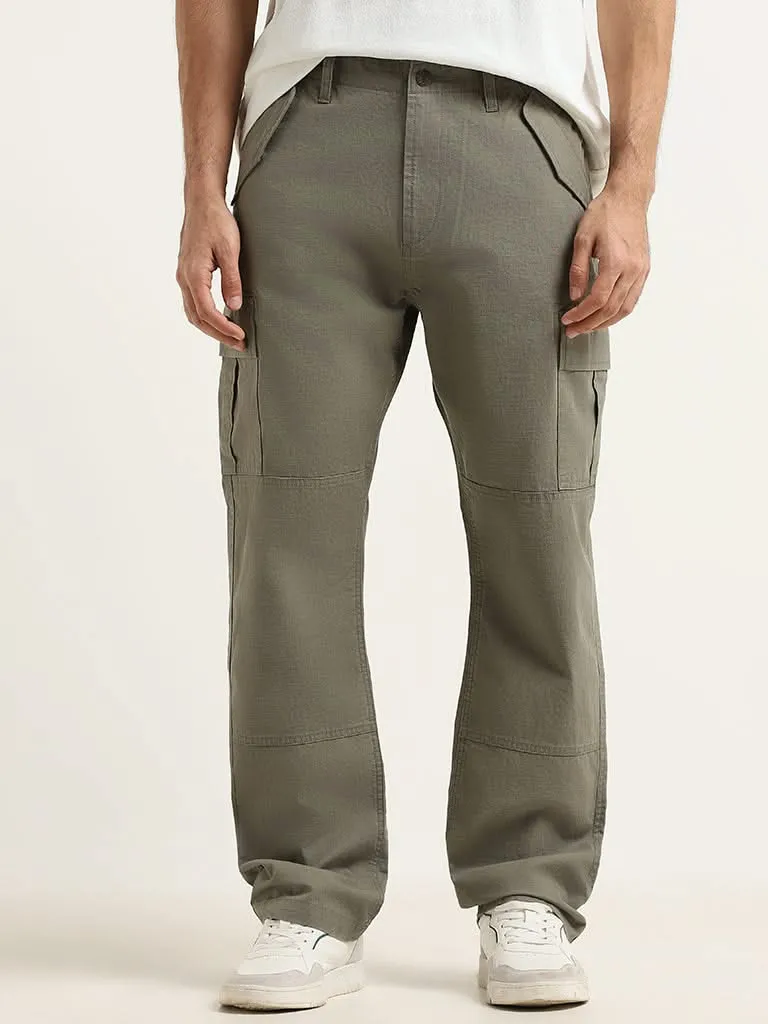 WES Casuals Olive Cargo Cotton Relaxed-Fit Joggers