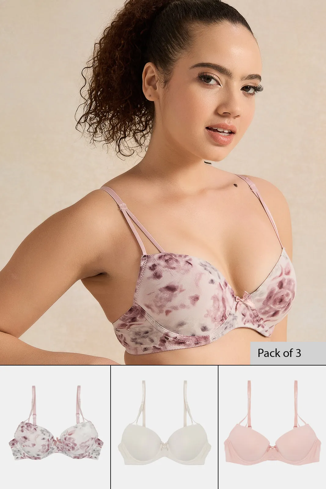 Women Assorted Floral  Plunge Bras Set (Pack of 3)