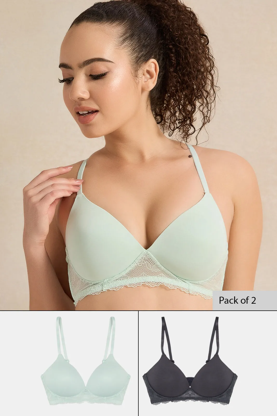 Women Blue And Grey Non Wired Bras Set (Pack of 2)