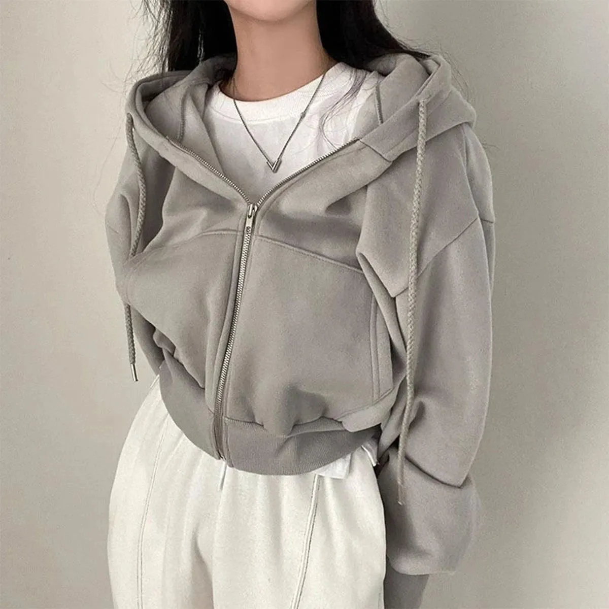 Women Casual Hoodies Autumn Retro Solid Color Zip Up Oversized Sweatshirts Harajuku Long Sleeve Hooded Loose Short Jackets Coat