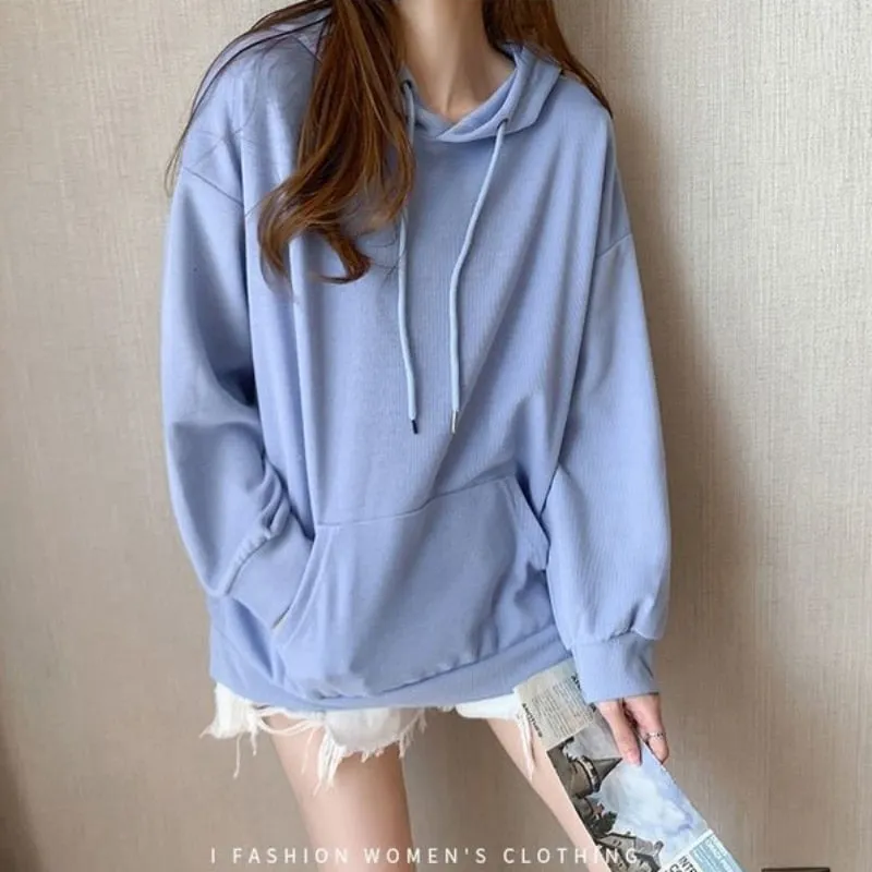 Women Sweatshirts Casual Fall Cotton Gray Hoodies Long Sleeve Loose Korean Loose Simple Hooded Coat Fashion Female Tops