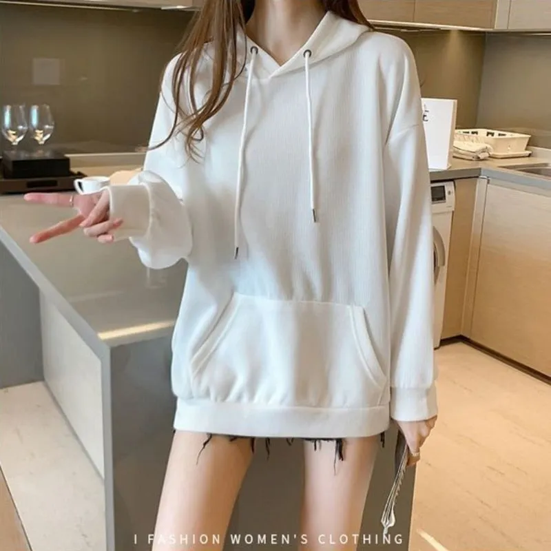 Women Sweatshirts Casual Fall Cotton Gray Hoodies Long Sleeve Loose Korean Loose Simple Hooded Coat Fashion Female Tops